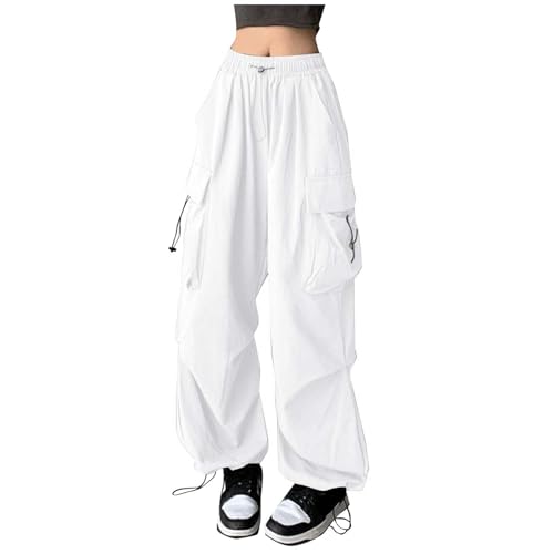 Damen Hosen Freizeit Einfarbig Streetwear Hip Hop Joggers Jogginghose Kordelzug Lässige Lockere Hose mit weitem Bein Kurze Weite Hose Damen Sommer (White, L)
