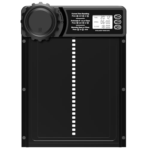 CHAMUTY Aluminum Automatische Hühnerklappe Batterie, Hühnerklappe Automatisch mit Wasserdicht Großes Display, Timer, Manuelle, Elektrische Hühnerklappe Hühnertür, Intelligenter Einklemmschutz, Schwarz