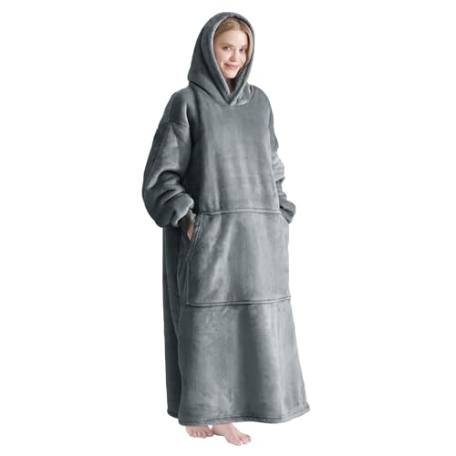 Good Nite Decke mit Ärmeln für Frauen und Männer Sherpa kuscheldecke Tragbare Decken Adult Cosy Sweater Tragbare Warm Decken Übergroßer hoodie mit Taschen Grau Sherpa-90x130 cm