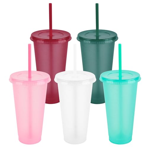 5 Stück Bunte wiederverwendbare Kunststoffbecher mit Deckel und Trinkhalmen, 24oz Trinkbecher,bruchsicher, für Partys, Camping und Kinder,Plastikbecher Smoothie Kaffee Becher To Go Reisebecher Tasse