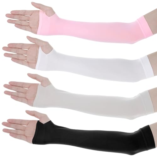 4er Set Armsleeve, Arm Sleeves UPF50+ Sonnenschutz atmungsaktiv & schnelltrocknend mit Daumenloch Längenverstellung, Schwarz Weiß Grau Rosa Perfekt für Outdoor-Aktivitäten Fitness Muskelregeneration