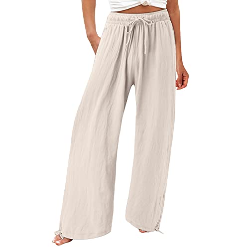 Sommer Elastisch Jogginghose Atmungsaktiv Haushose Damen Lang Baumwolle Locker Leicht Outdoorhose Mit Kordelzug Outdoor Bequeme Damenhose Elegant Stretch Hohe Taille Baggy Freizeithose (Beige, XXL)