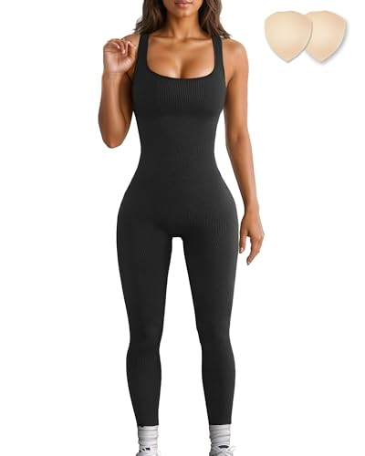 Merlvida Sport Jumpsuits für Damen Elastischer Figurformender Jumpsuit Damen Eng Nahtloser Bodysuit Bauchweg Overall Workout Body Einteiler Sportanzug