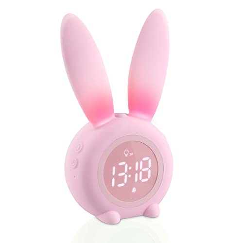 Aoreun wecker Kinder, Cute Rabbit Kinderwecker Nachttischlampe-Snooze-Funktion, wecker mit licht Digital, zeitgesteuertes Nachtlicht wecker, Kindertagesgeschenk für Kinder, Mädchen - Rosa