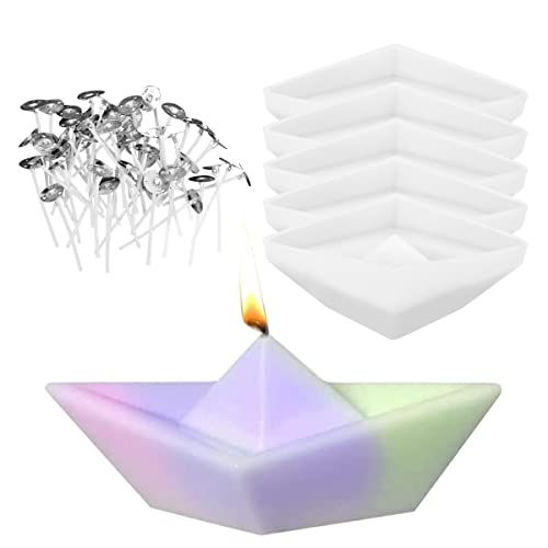 5 Stück Silikonform Boot, 3D Origami Boot Silikonform Kerzenformen Mit Kerzendocht, Seifenform Silikon Formen Backform Papierboot-Kerzenform DIY Silikon Gießform für Handwerk Kerzen