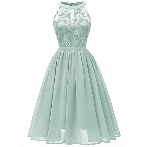 Abendkleider Elegant für Hochzeit Damen 50er Jahre Rockabilly Neckholder Swing Spitzen Chiffon Kleid Festlich Abschlusskleid Brautkleid Cocktailkleid Weihnachten Silvester Kurz Partykleid Grün M