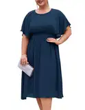 Hanna Nikole Midilang Chiffon Kleid Elastische Taille Abiballkleid für Mollige Frauen Navy Blau 46