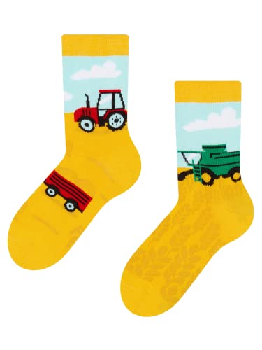 Dedoles Socken Kinder Mädchen Jungen Baumwolle viele lustige Designs Weihnachtssocken 1 Paar, Farbe Gelb, Motiv Traktor, Gr. 27-30