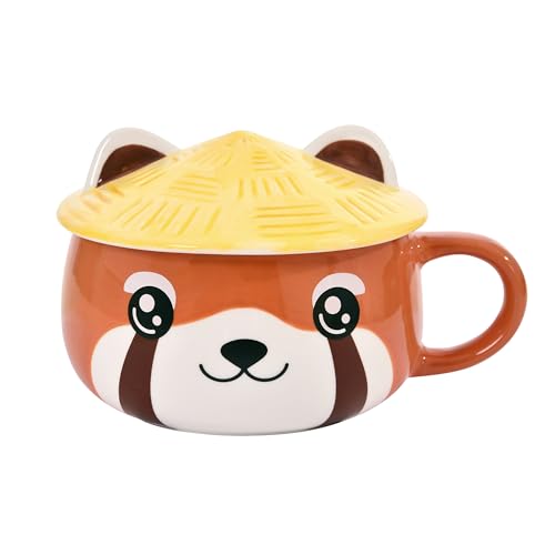 Elbenwald Tasse Kawaii im Roter Panda Design mit Deckel - 450 ml Fassungsvermögen 9 cm Höhe (mit Deckel) - für Anime Fans Keramik Rot