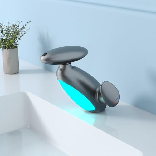 MocArt H3435 Kreativer Wasserhahn, 4-Modus-Wasserauslass, Bad Auszug Waschbecken Wasserhahn, Hotel Warm und Kaltmischhahn, Keramikventilkern, Wassersparendes Design (Gun Grey)