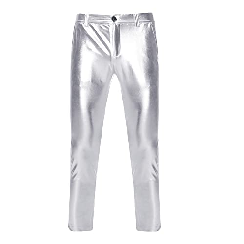 NewL Herren Night Club Skinny Shiny Gold Coated Metallic Pants Stage Perform Singer Disco Hose, Silber, 31-35