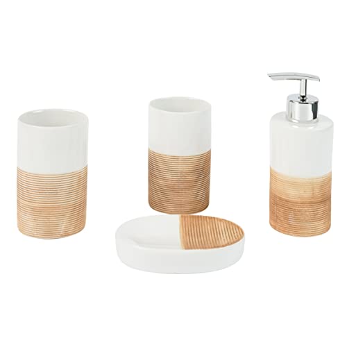 axentia Accessoires Rimini-Bad Utensilien-4-teiliges Badezimmer Set aus Seifenspender, Seifenschale & Zahnputzbechern-Badzubehör wiederbefüllbar, Keramik, Beige, 1 x 1 x 1 cm