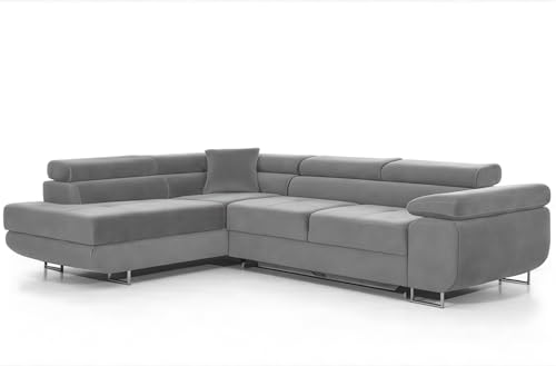 COMFORTINO FURNITURE Ecksofa mit Schlaffunktion PASTI L-Form, Sofa Couch mit Bettkasten, 3-Sitzer Eckcouch, Schlafsofa für Wohnzimmer, Big Sofa Couch mit Schlaffunktion (Hellgrau, Ottomane Links)