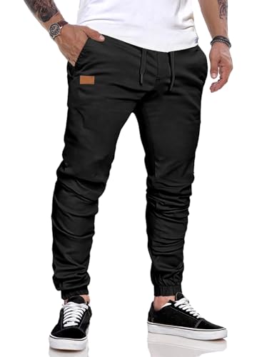 JMIERR Herren Hose Chino Cargo Hose Jogginghose Herren Baumwolle Sporthose Casual Freizeithose Elastische Taille mit Kordelzug Sweatpants Herren mit Taschen, Schwarz L