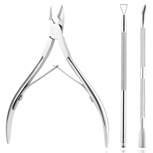 Clyhon 3-teiliges Set Cuticle Nippers with Cuticle Pusher, Dead Skin Remover, Scissor Tongs, Durable, Professional Cuticle Remover, Stainless Steel (Silver)