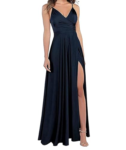 xxxiticat Damen V-Ausschnitt Spaghettiträger Lange Ballkleider Satin A-Linie Brautjungfernkleider formeller Satin Abschlussball Abendkleider mit Schlitz(BE9,L)