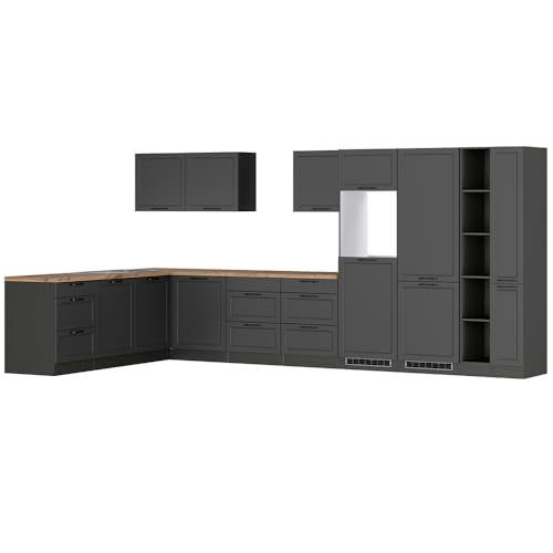 Lomadox Winkelküche Küche Einbauküche Küchenzeile L-Form 420/240 cm in grau, Arbeitsplatte in Eiche