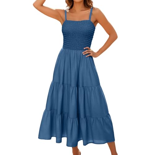 Strandkleid Damen, Sommerkleid Damen Lang Strandkleid Maxikleider Sommerkleider Maxi Dress a Linie Tunika Kleid Sommer Maxikleid Ärmellos Spaghettiträger Damenkleider Navy XL