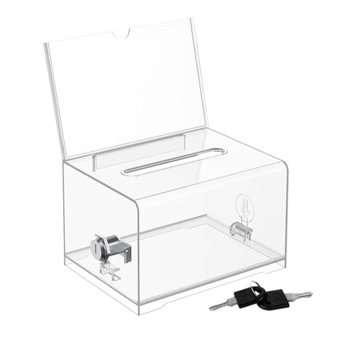 Acrylspendenbox, Spendenbox Abschließbar, Wahlurne Transparent mit Schlüssel Schloss, mit Aufkleber, für Visitenkarten, Abstimmungen, Gewinnspiele