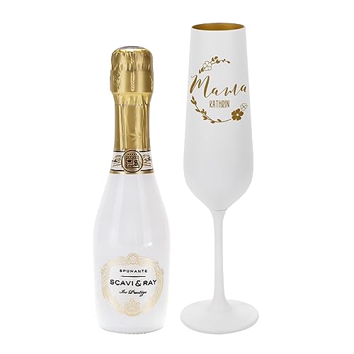 Herz & Heim® Geschenkset zum Muttertag/graviertes weiß-goldenes Sektglas und Piccolo Fläschchen Mama - Kranz & Wunschtext