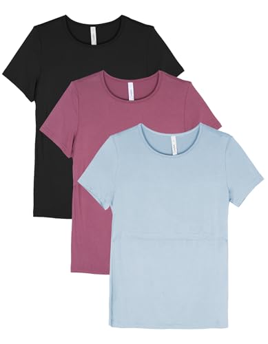 Sosolism 3er Pack Still Tshirt Kurzarm Baumwolle Stillshirt Sommer Rundhals Stillen Oberteil Freizeit Stilltop Postpartale Damen Schwarz, Altrosa, Babyblau, Mittel