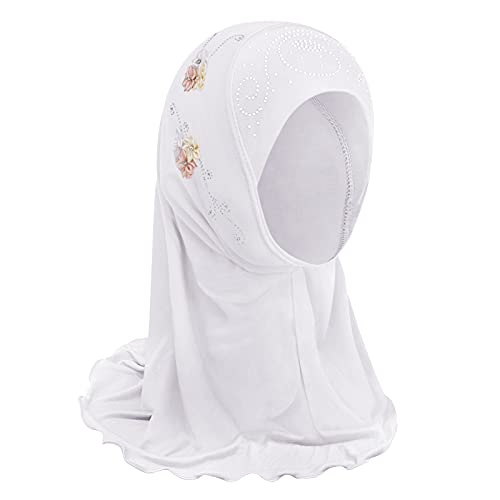 Mädchen Kopftuch Kinder Muslimischer Hijab Kleines Mädchen Moslem Schal mit Blumen Arabien Islamische Kopfkappe Kleidung Schal Sommer Stretch Turban Gesichtsschleier Kopfbedeckung (Blümchen-Weiß)