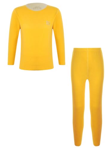 Manyakai Kinder Thermounterwäsche Set Langarm Thermohemd Rundhals Oberteil Mit Leggings Lang Stretch Skiunterwäsche Funktionswäsche für Mädchen Jungen Gelb D 158-164