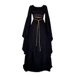 TOFOTL Mittelalter Kleidung Damen Vintage Mittelalter Carneval Kleid Locker Kleid Damen Langarm Winter Einfarbig Kleider Kleidung Cosplay Halloween Steampunk Kleidung Damen Retro Schwarz XL