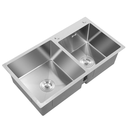 LANNADD Küchenspüle Doppelbecken, 78 X 43 Cm Doppelspüle Edelstahlspüle Einbauspüle Spüle, Unterbau Edelstahl Spülbecken Ideal für Garagen Terrassen Bars Küchen und Gewerbliche Restaurants