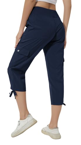 Huayuzh Damen Cargo Caprihose Wanderhose 3/4 Hose Sommer Cargohose Leichte Atmungsaktiv Athletisch Reisen Lässig Outdoorhose Marineblau L