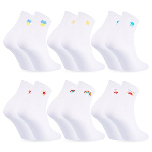 Starvortex Tennissocken Kinder 31-34, 6-Paare Weiß Socken Baumwolle, Süße Socken Mädchen Jungs, Bequeme Tennis Socken Hohe Socken, Hochelastisch Kindersocken, Sportsocken Kinder 31-34 für Sport Tennis