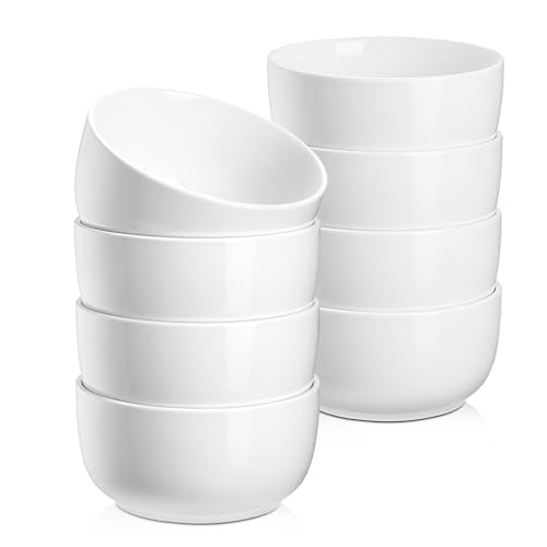 Jassceram Müslischalen 8er-Set, 350 ml, kleine Keramikschalen für Suppe, Salat, Eisdessert, Snack und Essensreste, Geeignet für Beilagen – Spülmaschinen und Mikrowellenfest, Weiß