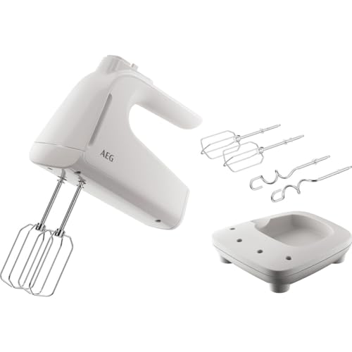 AEG Handmixer / 5 Geschwindigkeitsstufen / Turbo-Funktion für Höchstleistung / Auswurftaste / 2 Rührbesen / 2 Knethaken / Zubehörstation / spülmaschinenfest / 500 Watt / 1,2 m Kabel / weiß / AHM4W