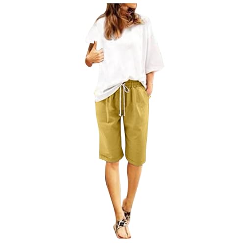 rtdgcv Frauen Sommer Baumwolle Hosen Plus Größe Hohe Taille Shorts Schnürung Strand Workout Tasche Fünf Punkt Hosen Herren Shorts Cargo Shorts Damen Kurz (Yellow, XXXXXXXL)