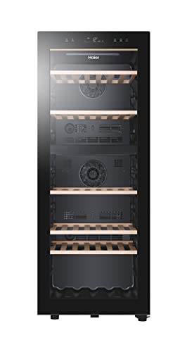 Haier HWS79GDG Weinkühlschrank / 79 Flaschen / 127 cm Höhe/hOn-App / 2 Zonen/UV-undurchlässige Glastür / 5 Holzablagen / 3D-LED Beleuchtsystem/Vibrationsarmer Kompressor Schwarz