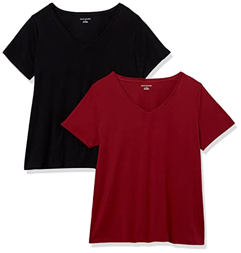 Amazon Essentials Damen T-Shirt mit V-Ausschnitt und kurzen Ärmeln in Übergröße, 2er-Pack, Schwarz/Burgunderrot, 3XL Große Größen