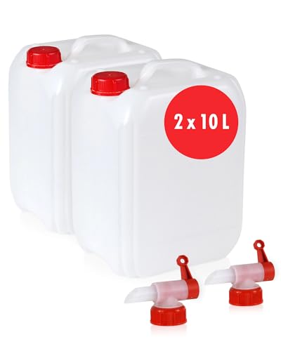 Höfer Chemie 2 x 10 L Wasserkanister Set Weiß - BPA-frei & Lebensmittelecht - Ideales Camping Zubehör für Flüssigkeiten - Mit Ablasshahn & Schraubverschluss