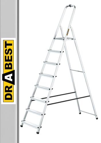 DRABEST Stehleiter 8 Stufen Klapptrittleiter Alu Leiter mit Arbeitsschale Haushaltsleiter Belastbar bis 125 kg kostenloser Haken
