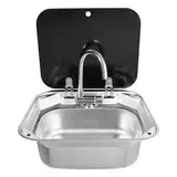 Waschbecken mit 1 Waschbecken für Freizeitfahrzeuge mit Deckel, Schwarz + Silber, 41 x 36,5 x 16 cm