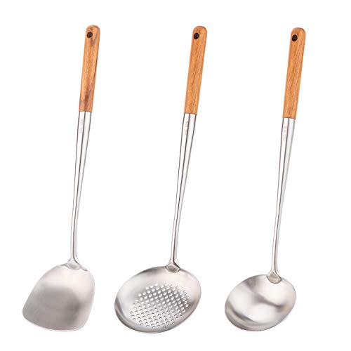 FJNATINH Wok-Pfannenwender und Schöpflöffel, Werkzeugset, 43,2 cm, Pfannenwender für Wok, 304 Edelstahl