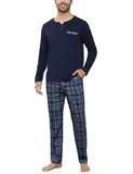 Bresdk Schlafanzug Herren Pyjama Set Lang Baumwolle Winter Nachtwäsche Männer Blau L