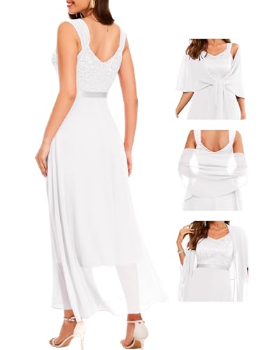 Berylove Abendkleid Damen Lang Weiß Kleid Für Hochzeit Als Gast Brautkleid Schlicht Evening Dresses for Women Cocktailkleid Kleid Glitzer Kleider BLP7079 White M