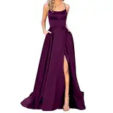 2025 - Ballkleider für Damen, lang, elegant, rückenfrei, lange Kleider, Crisn-Satin-Spaghetti-Party-Abschlussballkleid, Seitenschlitz, Hochzeits-Abend-Partykleid mit Taschen Rentier Kostüm Mädchen (S)