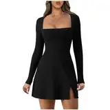 Bcenoilua Damen Langarm Kleider Sexy Flare Miederkleid mit Quadratischem Ausschnitt Eng Kurz Schlitz Minikleid Stretch Elegant Cocktail Bodycon Kurzkleid für Club Party Abend