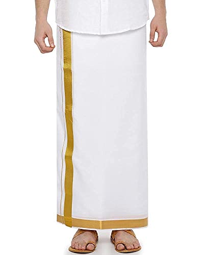 Stylesindia Dhoti Vesti Mundu aus reiner Baumwolle, doppellagig, breite Bordüre, weißer Dhoti, 3,60 m, Weiss/opulenter Garten, Einheitsgröße