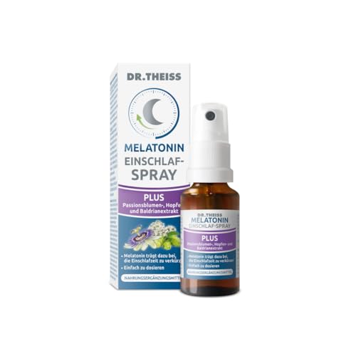 Dr. Theiss Melatonin Einschlaf-Spray Plus – 0,25 mg täglich | 20 ml | Hilfe bei Einschlafproblemen | Passionsblumen-, Hopfen- & Baldrianextrakt | Vegan & Zuckerfrei