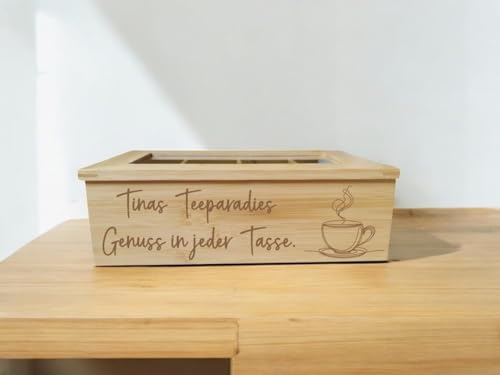 Lila Lotte Teebox mit 8 Fächern, graviert mit deinem Wunschnamen und Wunschmotiv, große Teekiste, aus Bambus, für Teetrinker