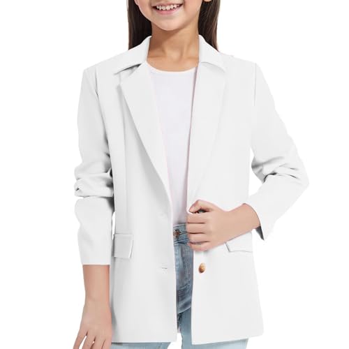 Blazer für Mädchen Anzugjacke Elegante Einfarbig Anzug Mantel Notch Lapel&Revers Langarm Freizeitjacke Mode Cardigan Trenchcoat Leicht Knöpfen Arbeitsanzug mit Doppelter Seitentasche 3-14 Jahre