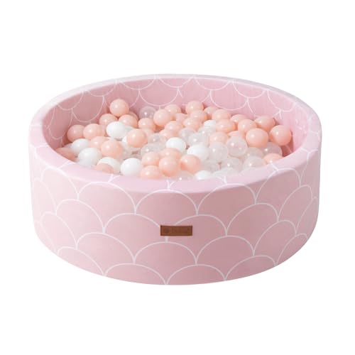 Dodozen Bällebad 90X30cm/200 Bälle ∅ 7Cm Bällepool Für Babys Kinder Rund,Superweicher Samt,Abnehmbar und waschbar,Rosa Muschel:Weiß/Transparent/Rosa