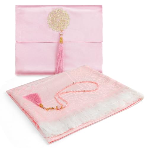 TaleMoon Muslimischer Gebetsteppich Rosa mit Gebetsperlen Stoff-Tasche,Prayer Mat für Frauen,Ramadan,Bayram Geschenke,Islamische Gebetsmatte,Seccade Namaz,Sajadah,Janamaz,Gebet Teppich Matte
